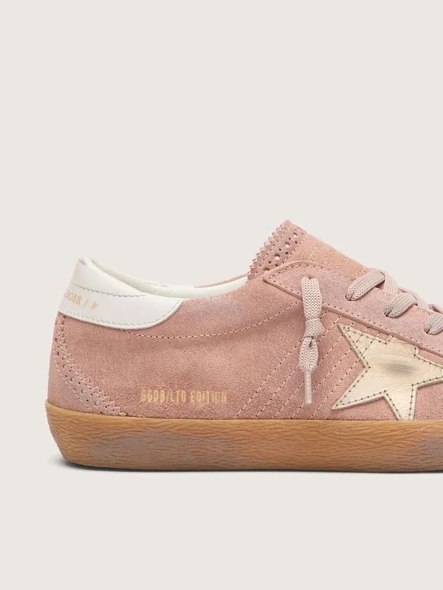 Super-Star LTD da donna in pelle scamosciata rosa con stella in pelle metallizzata platino