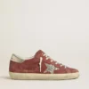 Super-Star LTD da donna in pelle scamosciata rossa con stella glitterata argento e linguetta sul tallone in pelle laminata