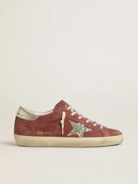 Super-Star LTD da donna in pelle scamosciata rossa con stella glitterata argento e linguetta sul tallone in pelle laminata