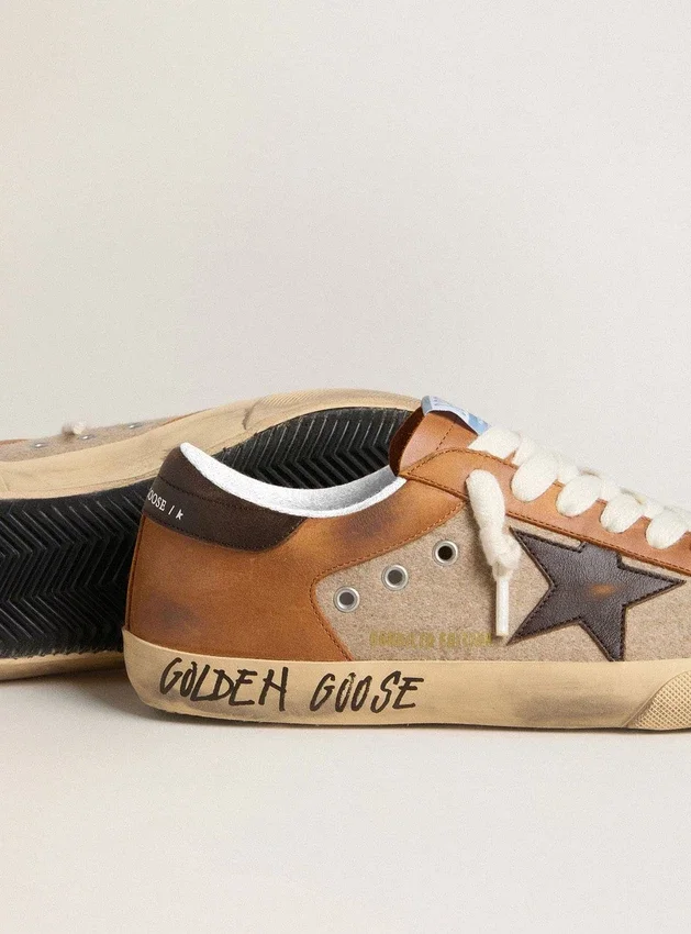 Super-Star LTD da uomo in lana beige con stella in pelle marrone e inserti color cammello