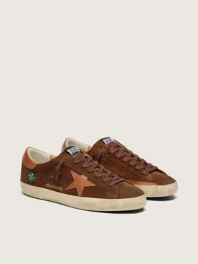 Super-Star LTD da uomo in pelle scamosciata marrone con stella in pelle rosso mattone e ricami con perline verdi