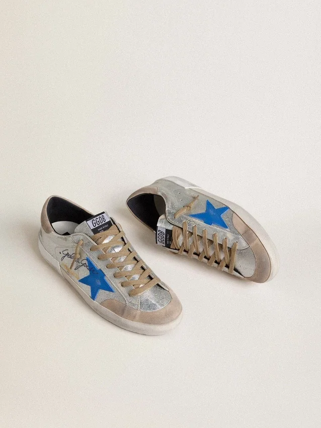 Super-Star LTD da uomo in pelle scamosciata metallizzata argento con stella in pelle e linguetta sul tallone in pelle scamosciata