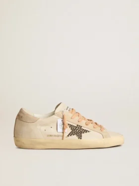 Super-Star LTD in pelle con stella in pelle scamosciata beige con borchie Swarovski