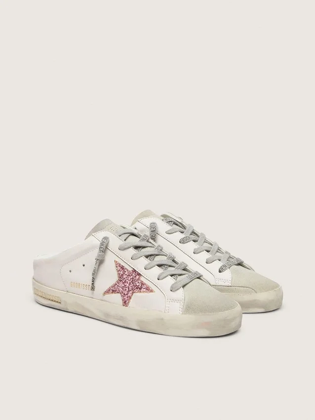 Super-Star Sabot a base biologica con stella rosa glitterata e punta in pelle scamosciata