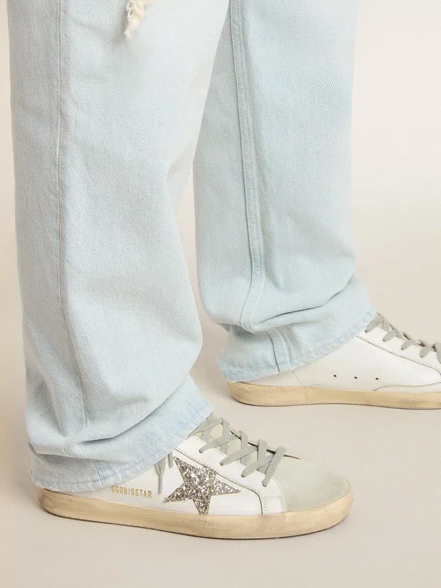 Super-Star Sabot con stella glitterata platino e linguetta in pelle scamosciata