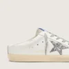 Super-Star Sabot con stella glitterata platino e linguetta in pelle scamosciata