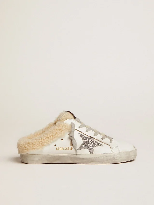 Super-Star Sabot da donna in pelle bianca e fodera in shearling