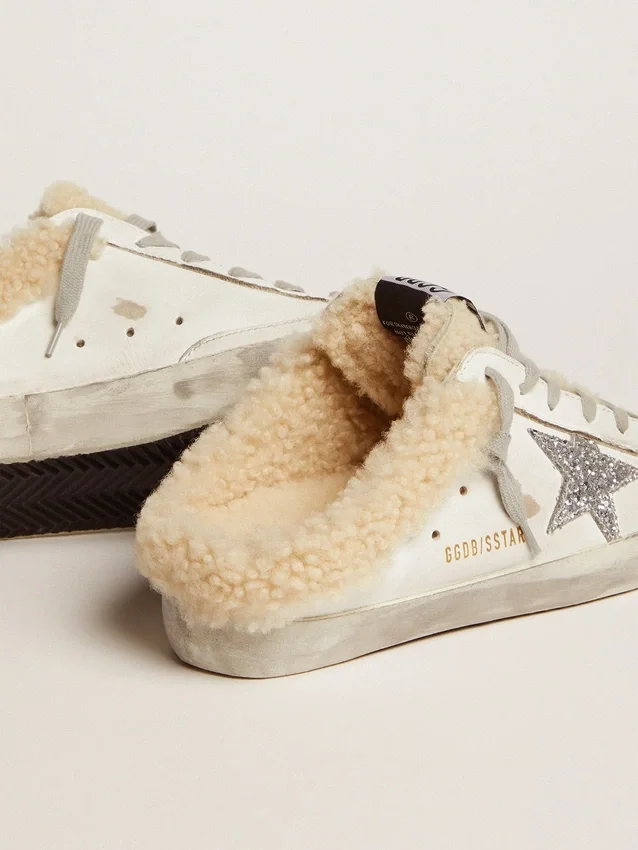 Super-Star Sabot da donna in pelle bianca e fodera in shearling