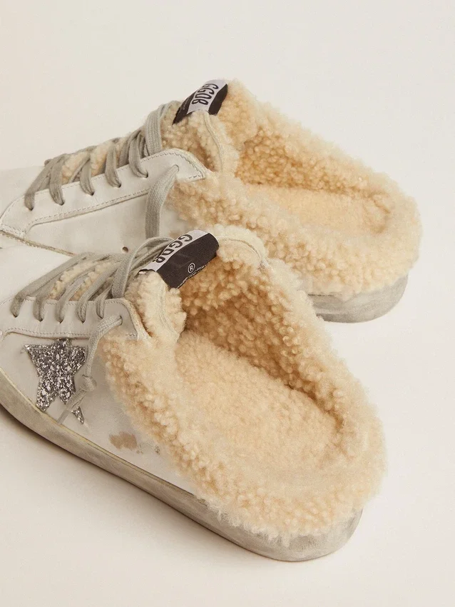 Super-Star Sabot da donna in pelle bianca e fodera in shearling