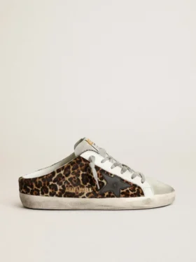 Super-Star Sabot da donna in pelle di pony con stampa leopardata e stella nera