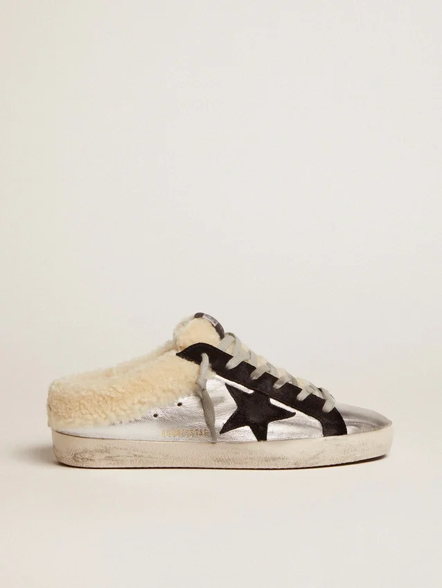 Super-Star Sabot da donna in pelle laminata argento con stella nera