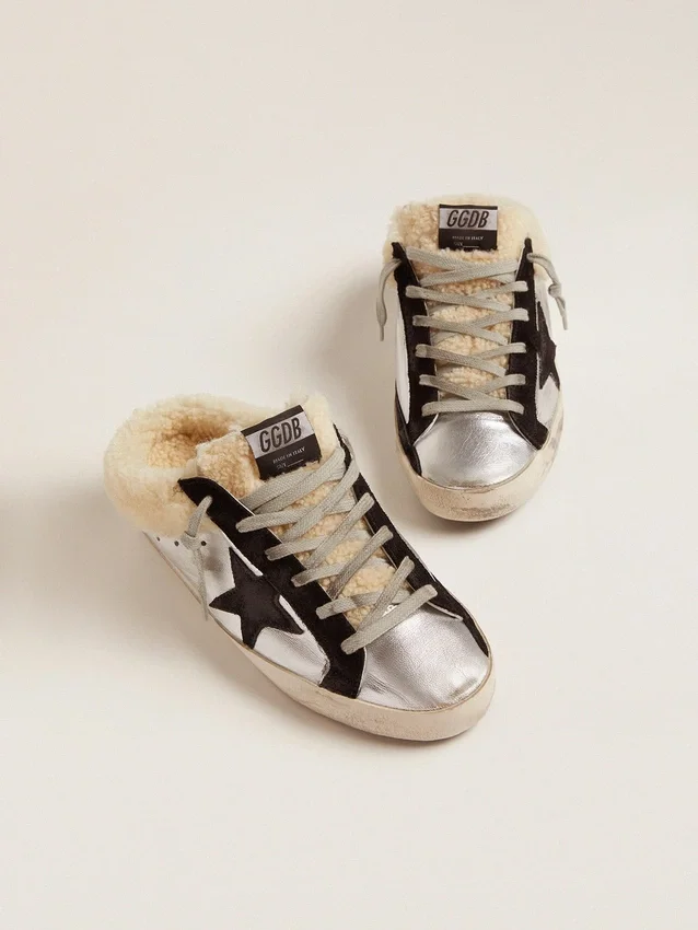 Super-Star Sabot da donna in pelle laminata argento con stella nera