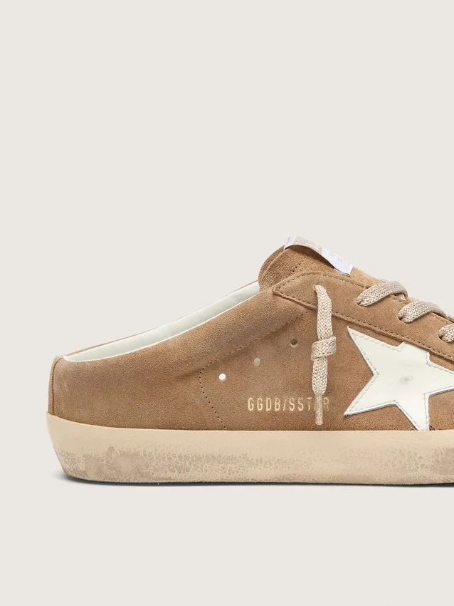 Super-Star Sabot da donna in pelle scamosciata color tabacco con stella in pelle bianca