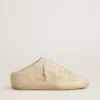 Super-Star Sabot da donna in tela beige con perline ricamate e stella in pelle scamosciata beige