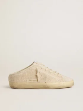 Super-Star Sabot da donna in tela beige con perline ricamate e stella in pelle scamosciata beige