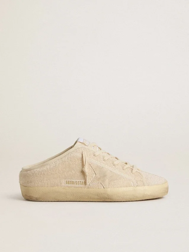Super-Star Sabot da donna in tela beige con perline ricamate e stella in pelle scamosciata beige