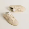 Super-Star Sabot da donna in tela beige con perline ricamate e stella in pelle scamosciata beige