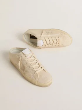 Super-Star Sabot da donna in tela beige con perline ricamate e stella in pelle scamosciata beige