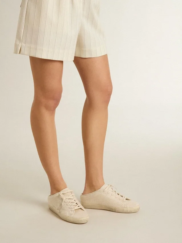 Super-Star Sabot da donna in tela beige con perline ricamate e stella in pelle scamosciata beige