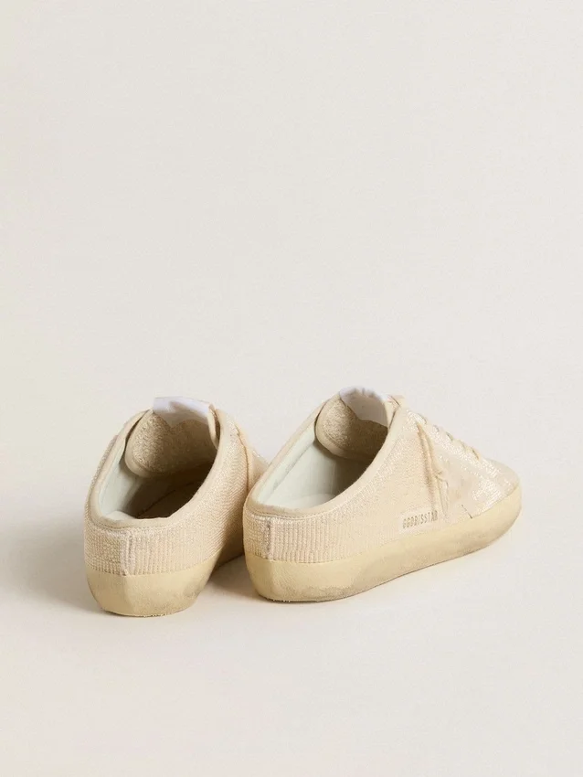 Super-Star Sabot da donna in tela beige con perline ricamate e stella in pelle scamosciata beige