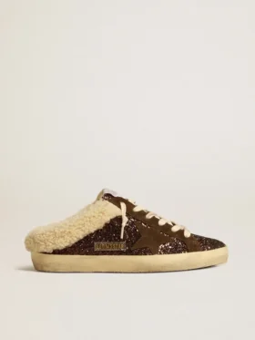 Super-Star Sabot glitterati con stella marrone e fodera in shearling