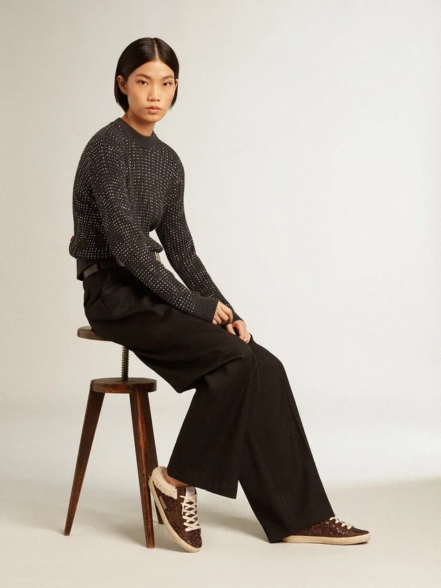 Super-Star Sabot glitterati con stella marrone e fodera in shearling