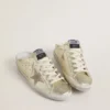 Super-Star Sabot in pelle laminata platino con stella in pelle scamosciata beige