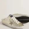 Super-Star Sabot in pelle laminata platino con stella in pelle scamosciata beige