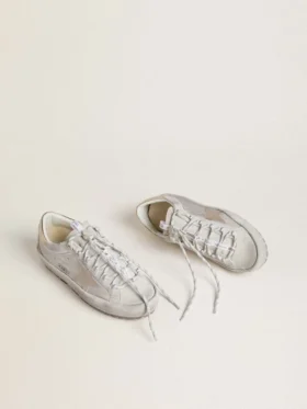 Super-Star Ski da donna in nylon grigio chiaro con stella in pelle metallizzata e linguetta sul tallone