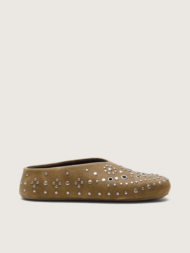 Tierra da donna in pelle scamosciata color kaki con borchie argentate