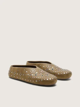 Tierra da donna in pelle scamosciata color kaki con borchie argentate