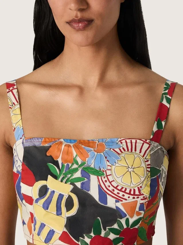 Top da donna in cotone con stampa multicolore