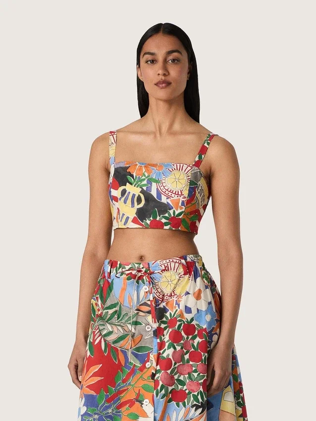 Top da donna in cotone con stampa multicolore