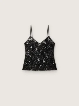 Top da donna in tulle nero con motivo floreale in paillettes nere