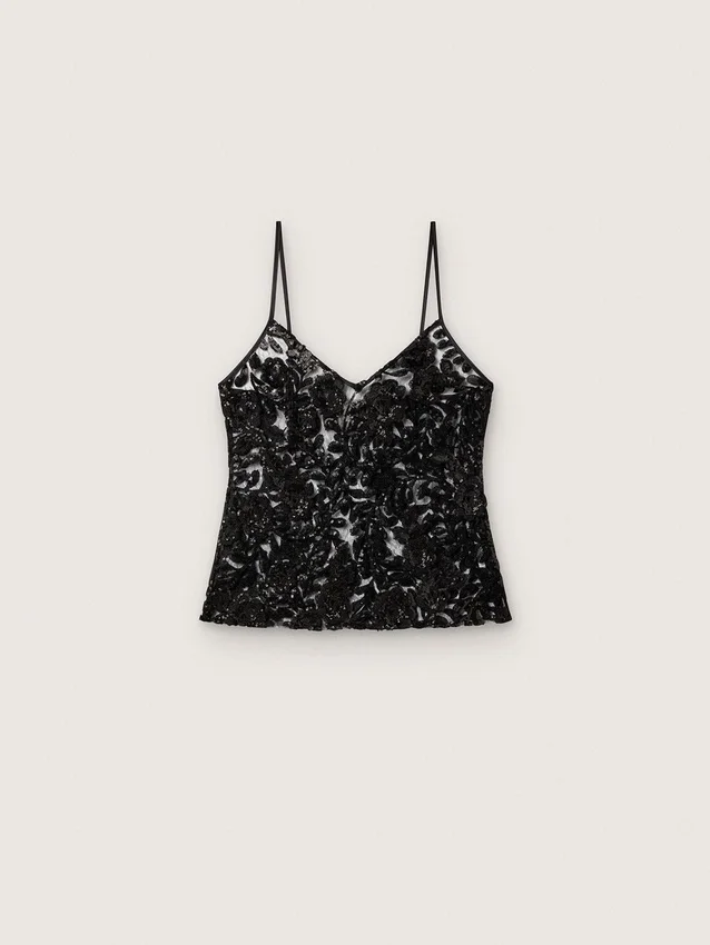 Top da donna in tulle nero con motivo floreale in paillettes nere