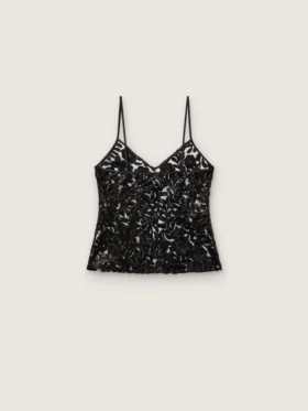 Top da donna in tulle nero con motivo floreale in paillettes nere