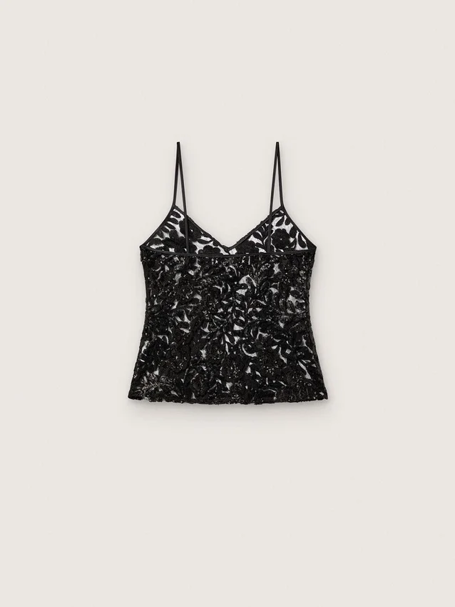 Top da donna in tulle nero con motivo floreale in paillettes nere