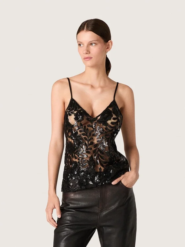 Top da donna in tulle nero con motivo floreale in paillettes nere