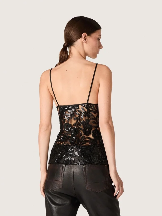 Top da donna in tulle nero con motivo floreale in paillettes nere