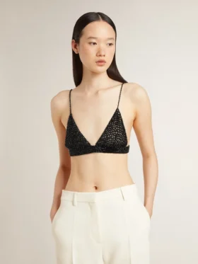 Top da donna nero all’uncinetto con cristalli