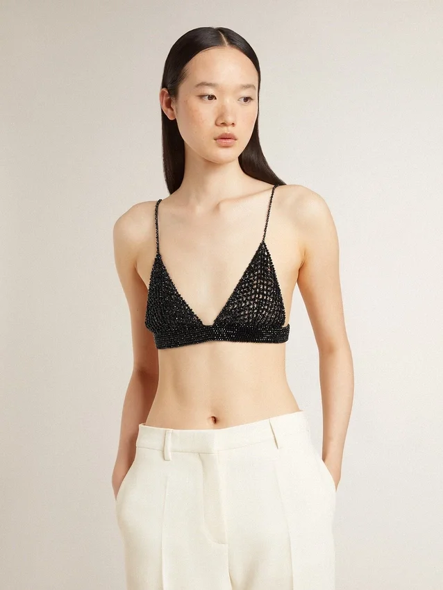 Top da donna nero all’uncinetto con cristalli