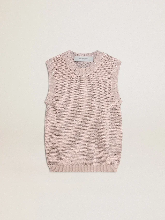 Top in maglia a rete con paillettes e dettagli a contrasto