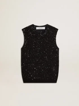 Top in maglia a rete nera con paillettes e dettagli a contrasto