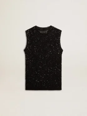 Top in maglia a rete nera con paillettes e dettagli a contrasto