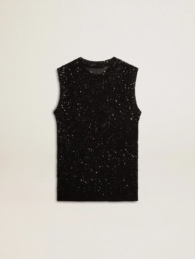 Top in maglia a rete nera con paillettes e dettagli a contrasto