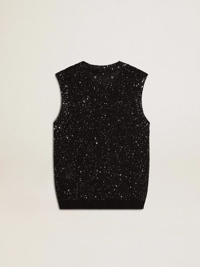 Top in maglia a rete nera con paillettes e dettagli a contrasto