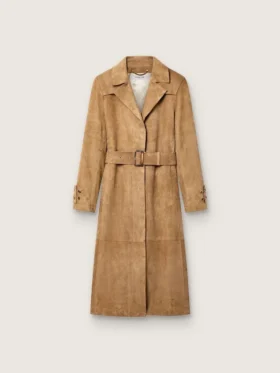 Trench da donna con cintura in pelle scamosciata color sabbia