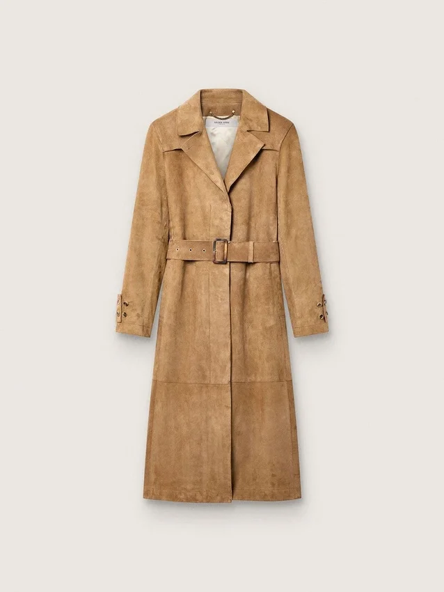 Trench da donna con cintura in pelle scamosciata color sabbia
