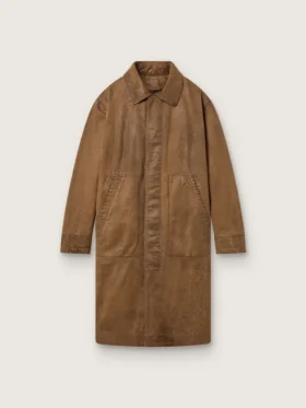Trench unisex in twill cerato marrone con dettagli in pelle