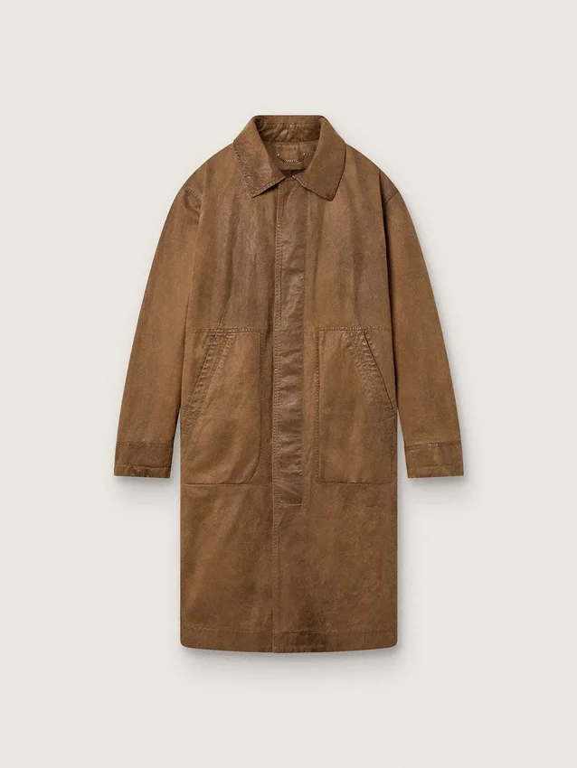 Trench unisex in twill cerato marrone con dettagli in pelle